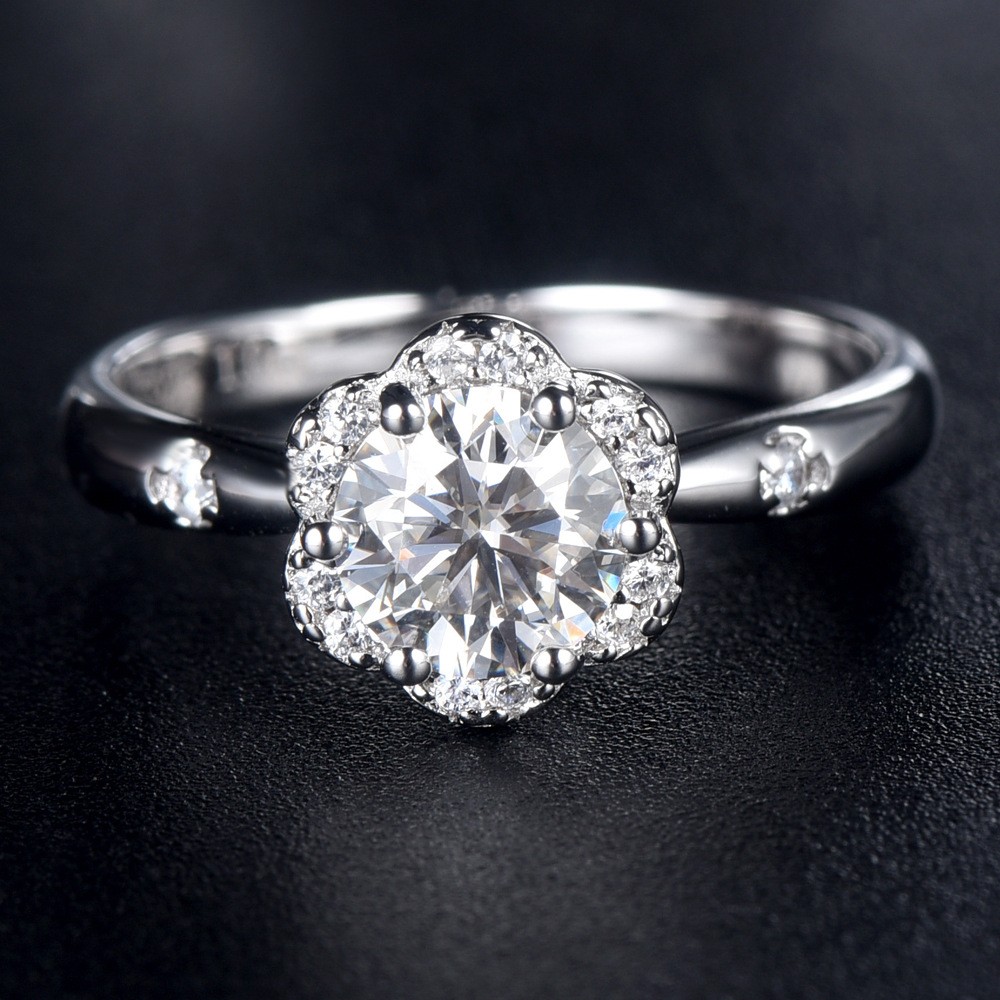 Engravable Halo Flower Moissanite Promise Ring For Women In Sterling Silver